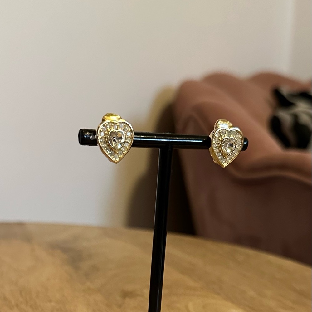 Dior Gold Plated Heart Crystal Stud Earrings - Picture 3 of 7